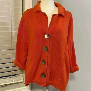 [L/XL]Pure HandKnit orange Drop Shoulder SS Cotton Button Down knit Sweater